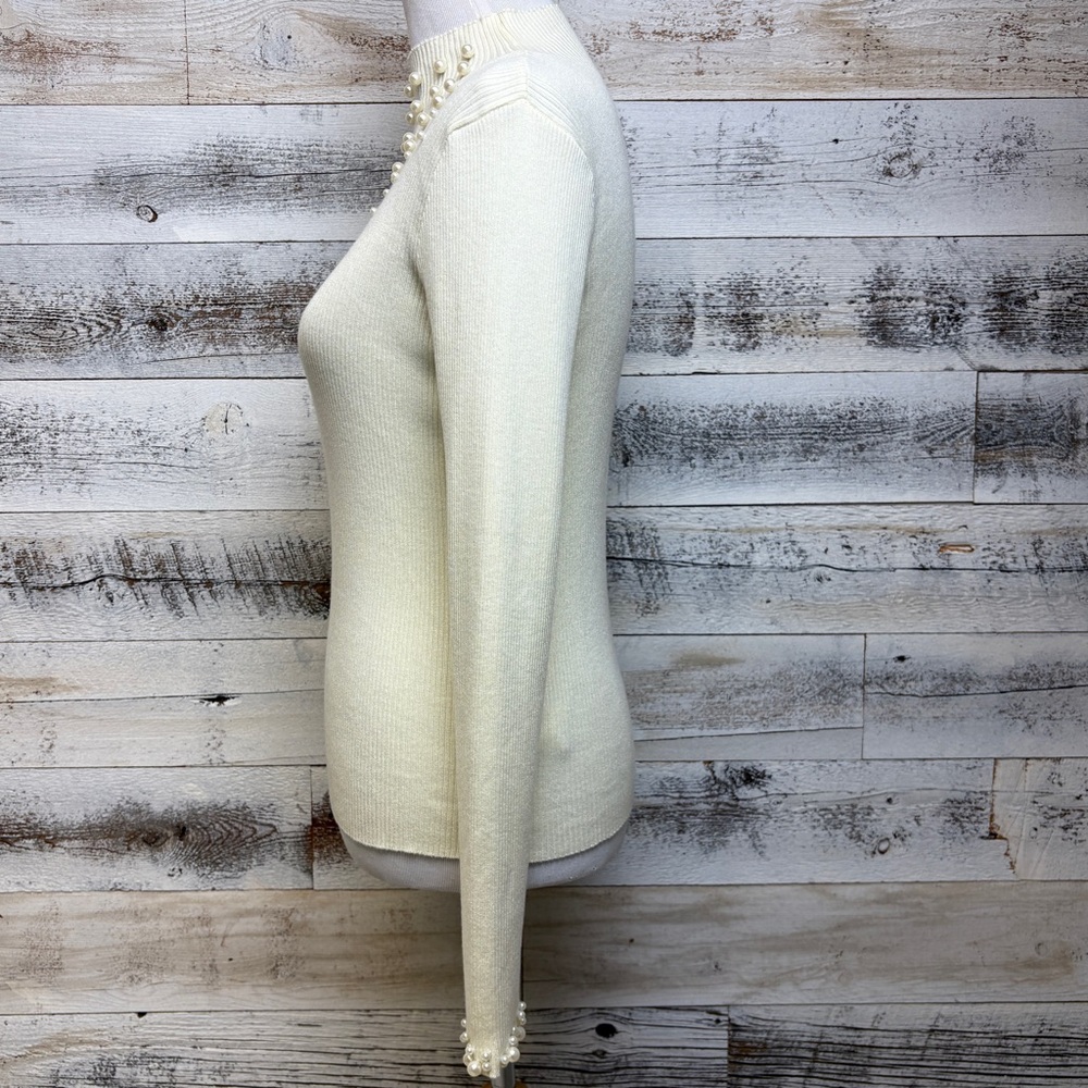 Ivory Mock Neck Sweater Size L Pearl Collar Cuffs Formal Holiday Cocktail Ribbed - Picture 4 of 12